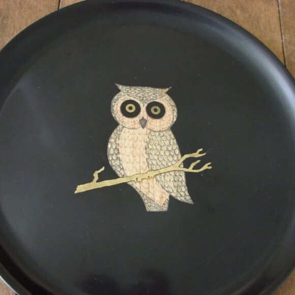 Vintage Couroc 10.5" Owl Black Round Serving Tray Plate Brass Wood Inlay MCM - Picture 2 of 8